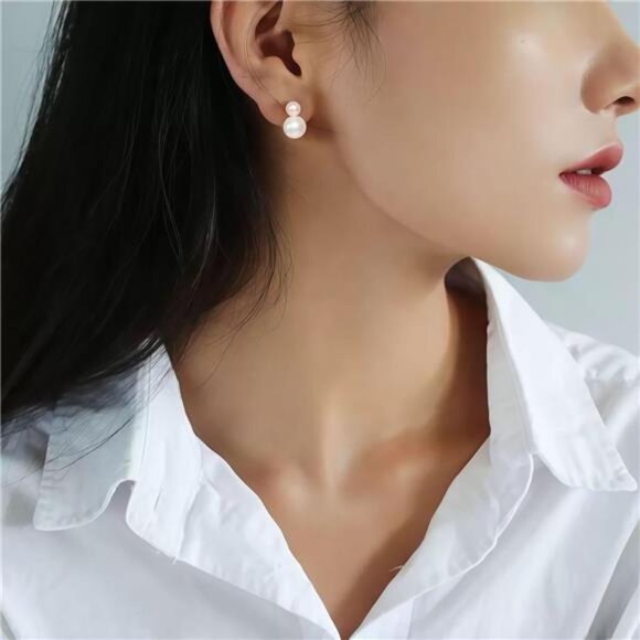 Gold-Plated Double Pearl Drop Earrings โ Timeless White Pearls, Lightweight - Picture 3 of 7